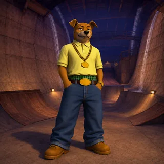 Ralph standing alone in an empty concrete skate bowl