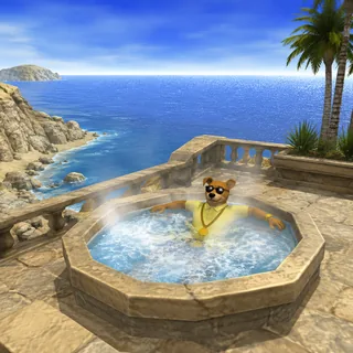 Ralph lounging in a hot tub above the sea