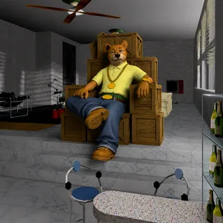 Ralph sprawled on a throne of crates in a marble loft