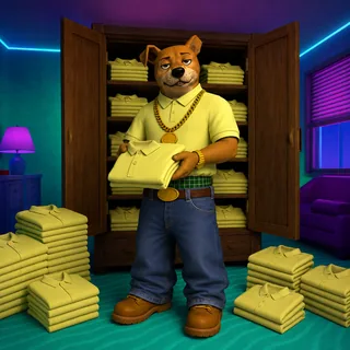Ralph folding a wardrobe full of identical polo shirts